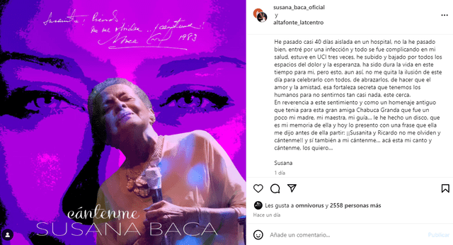  Susana Baca compartió esta última publicación en sus redes sociales. Foto: Instagram/Susana Baca   