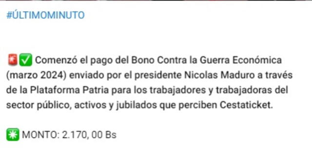 Anuncio del Bono de Guerra Económica para los trabajadores públicos en marzo 2024. Foto: Canal Patria Digital/Telegram   