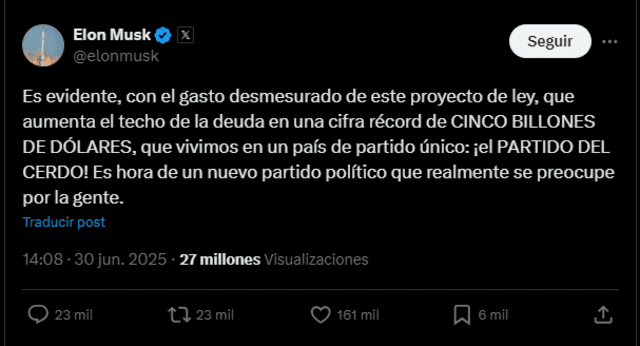  Elon Musk abre puertas a un nuevo partido político en Estados Unidos. Fuente: X 