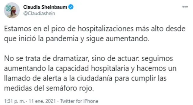 El tuit de la jefa de Gobierno de la Ciudad de México acerca de la emergencia producida por la COVID-19. Foto: captura de Twitter