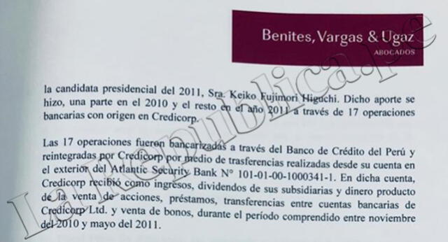 Origen. José Ugaz informa que el dinero que Romero proporcionó a Keiko provino del Banco de Crédito del Perú (BCP), pero lo reintegró Credicorp.