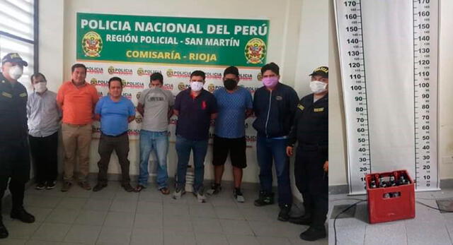 Alcalde de Habana (de naranja) junto a los demás intervenidos y el registro de una caja de cerveza.