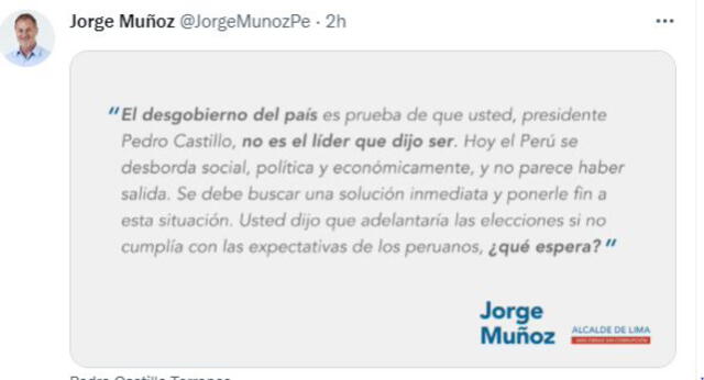 Pronunciamiento en Twitter del alcalde de Lima. Foto: captura / Twitter