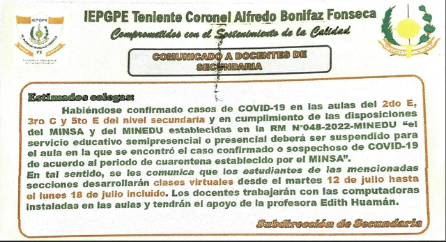 Situación diferente en la aplicación de protocolos: caso secundaria del colegio Alfredo Bonifaz. Foto: Peruanos unidos por una mejor educación.