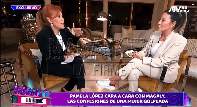  Magaly Medina entrevistó desde su casa a Pamela López para su programa 'Magaly TV:la firme'. Foto: ATV.   