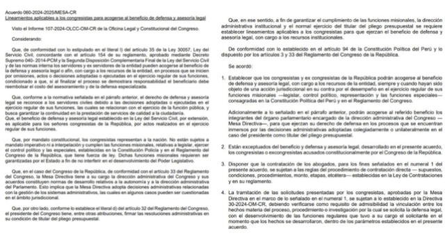  Acuerdo de la Mesa Directiva del Congreso que dispuso beneficio de defensa legal gratuita para congresistas y excongresistas | Fuente: Congreso.    