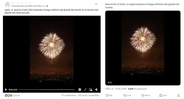 <em>Publicaciones virales sobre la supuesta celebración del nuevo año en Japón. Foto: captura de Facebook / X</em>   