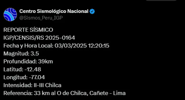 Segundo sismo del lunes 3 de marzo. Foto: IGP Segundo sismo del lunes 3 de marzo. Foto: IGP
