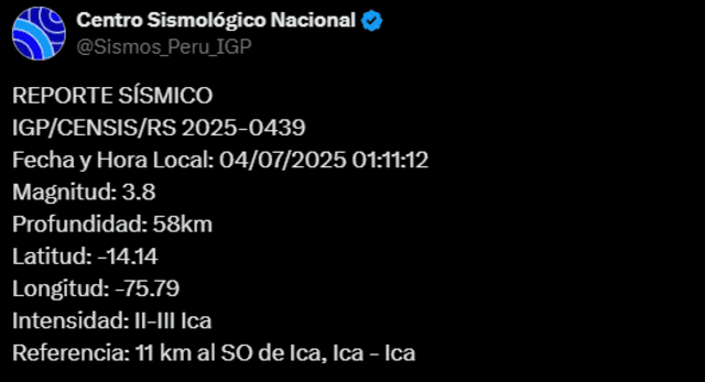  Sismo de magnitud 3.8 sacude Ica. Foto: IGP   