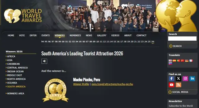Machu Picchu fue reconocida por novena vez como la principal atracción turística de Sudamérica en los World Travel Awards 2026, resaltando su patrimonio y biodiversidad. Machu Picchu fue reconocida por novena vez como la principal atracción turística de Sudamérica en los World Travel Awards 2026, resaltando su patrimonio y biodiversidad.