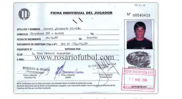 Ficha de Bernardo Cuesta en Tiro Federal. Foto: TyC Sports