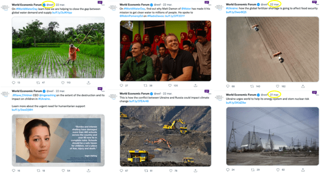 tuits publicados en la cuenta del Foro Económico Mundial (@wef) el 22 y 21 de marzo. Fuente: Composición LR, Twitter).