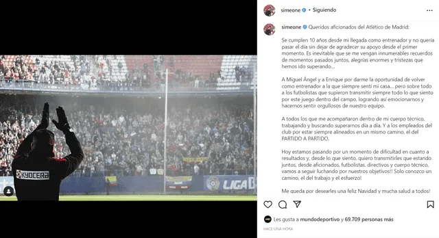 Diego Simeone ha conquistado dos veces LaLiga como entrenador del Atlético Madrid. Foto: captura Instagram