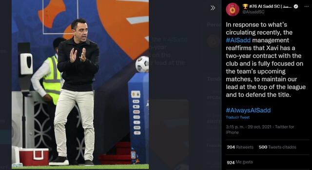 Al Sadd emitió un comunicado en su Twitter sobre Xavi Hernández. Foto: twitter/Al Sadd.