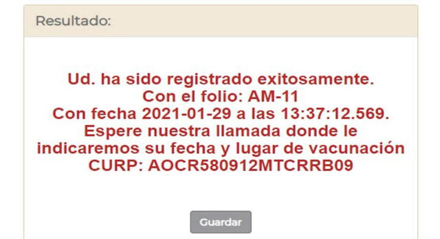 Mensaje de confirmación del registro. Foto: captura de mivacuna.salud.gob.mx/Milenio
