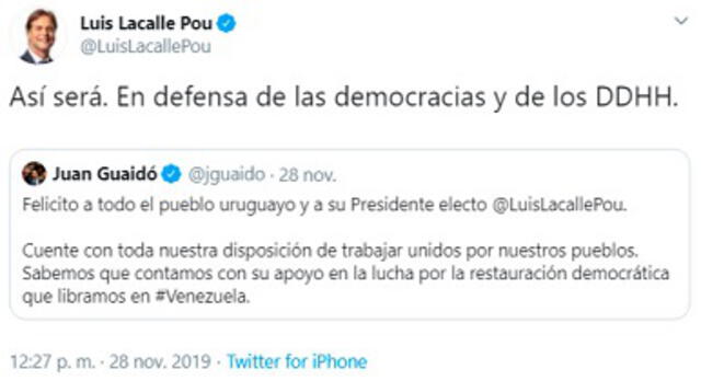 Juan Guaidó fue uno de los primeros en felicitar al nuevo dignatario uruguayo tras confirmarse el resultado del balotaje. Foto: captura de pantalla