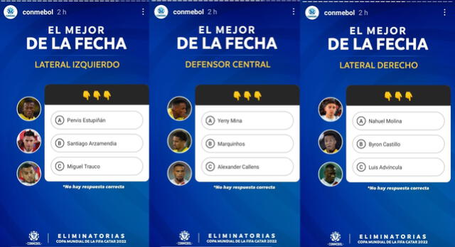 Miguel Trauco, Luis Advíncula y Alexander Callens también aparecen en la encuesta de Conmebol. Foto: Captura/Instagram Conmebol