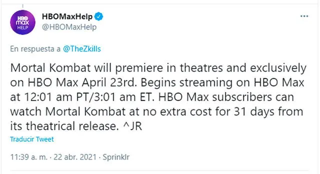 HBO Max confirmó el horario de estreno de la cinta a través de sus redes sociales. Foto: HBOMaxHelp/Twitter