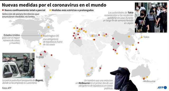 Principales países o regiones que adoptan nuevas medidas para frenar la propagación del coronavirus. Infografía: AFP