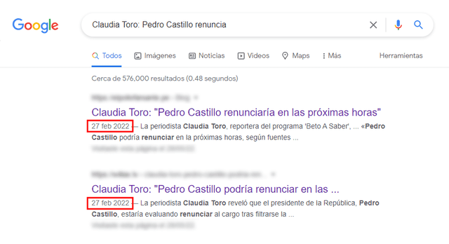 Sitios web replican noticia de Claudia Toro en febrero de 2022.