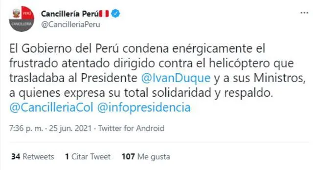 Gobierno de Perú condena el atentado que sufrió el presidente de Colombia, Ibán Duque, junto con su comitiva. Foto: captura Twitter/Cancillería
