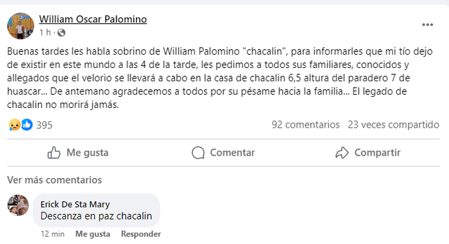 La noticia del fallecimiento de 'Chacalín' conmociona a seguidores. Foto: Facebook/William Palomino   