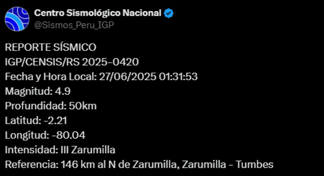 Sismo de magnitud 4.9 sacude Tumbes. Foto: IGP Sismo de magnitud 4.9 sacude Tumbes. Foto: IGP