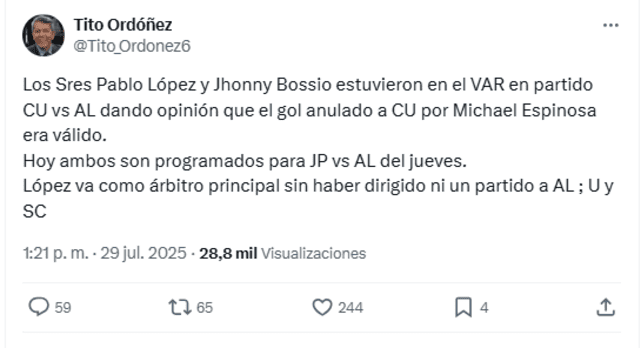 Ordóñez critica la designación de los árbitros. Foto: vía X   