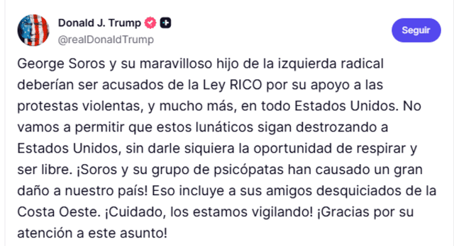  Publicación de Donald Trump. Fuente: Truth Social   