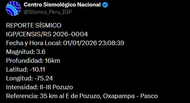  Temblor en Pasco. Foto: IGP   