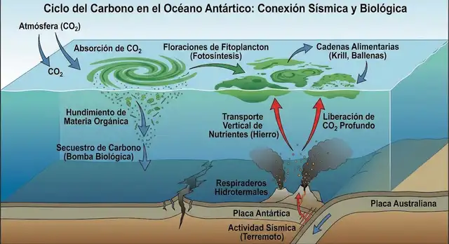  Aunque los sismos ocurren a kilómetros de profundidad, su efecto sobre los nutrientes del océano puede propagarse hacia arriba.<br>    