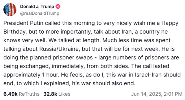 Donald Trump shared Putin wished him a happy birthday. Photo: @realDonaldTrump/ Truth Social Donald Trump shared Putin wished him a happy birthday. Photo: @realDonaldTrump/ Truth Social
