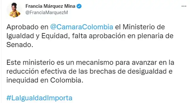 La vicepresidenta de Colombia se pronunció a favor de la medida Foto: captura Twitter/@FranciaMarquezM La vicepresidenta de Colombia se pronunció a favor de la medida Foto: captura Twitter/@FranciaMarquezM