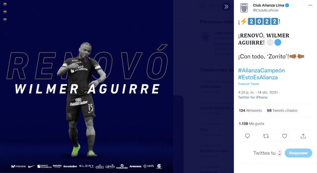 Wilmer Aguirre regresó a Alianza en el inicio del 2021, cuando aún no se definía la permanencia del equipo en el Liga 1. Foto: Twitter Alianza Lima.