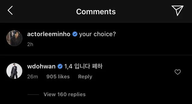 Respuesta de Woo Do Hwan al post de Lee Min Ho. Foto: Captura Instagram