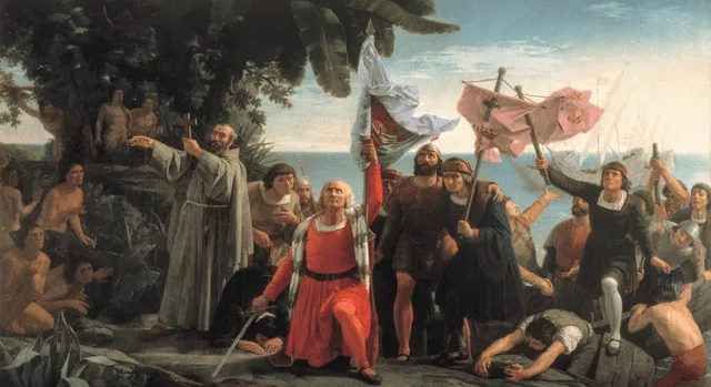 Pintura "Primer desembarco de Cristóbal Colón en América", de Dióscoro Puebla en 1862.