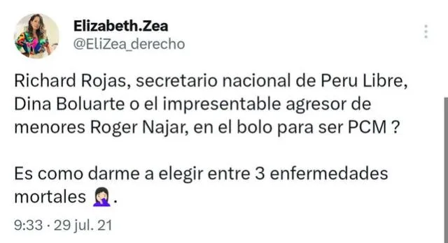Tuit de Elizabeth Zea ante la posibilidad de que Dina Boluarte presida el Gabinete ministerial. Foto: Twitter/EpicentroTV   