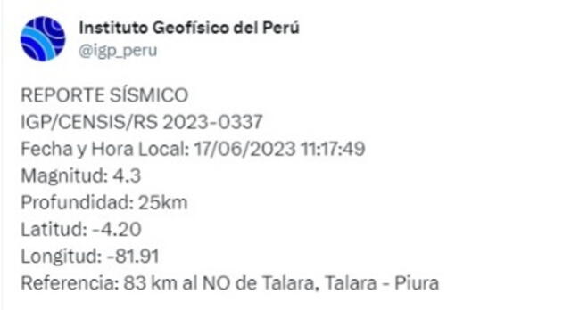  Sismo en Talara, Piura, fue registrado y el IGP lo reportó en Twitter. Foto: captura de pantalla/Instituto Geofísico del Perú/Twitter 