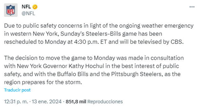 Comunicado de la NFL. Foto: NFL / Twitter   