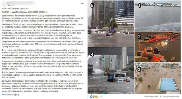  Desinformación sobre las recientes inundaciones en los Emiratos Árabes Unidos en abril del 2024. Foto: captura en Facebook.    