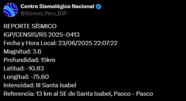 Sismo de magnitud 3.6 sacude Pasco. Foto: IGP Sismo de magnitud 3.6 sacude Pasco. Foto: IGP