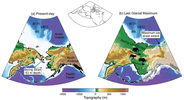 Topografía de Beringia en la actualidad y en el Último Máximo Glacial. Foto: Science Topografía de Beringia en la actualidad y en el Último Máximo Glacial. Foto: Science