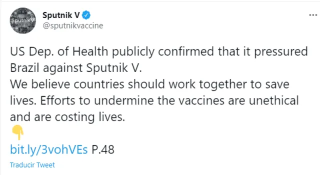 Tuit de la cuenta oficial de la vacuna Sputnik V. Foto: Captura de Twitter