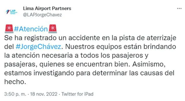 Tweet de LAP sobre accidente en el aeropuerto