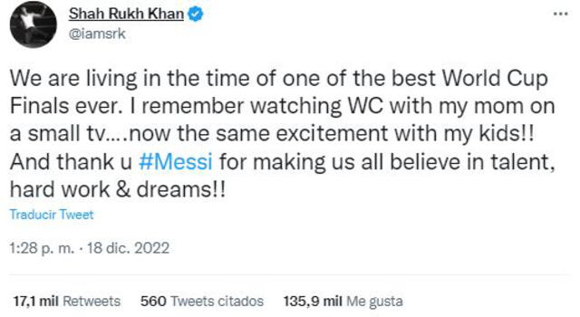 Shah Rukh Khan celebra triunfo de Messi.