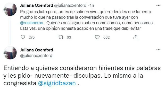 Juliana Oxenford utilizó su cuenta de Twitter para disculparse.