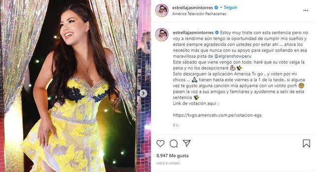 Estrella Torres tras ser sentenciada en El artista del año. Foto: Estrella Torres/ Instagram