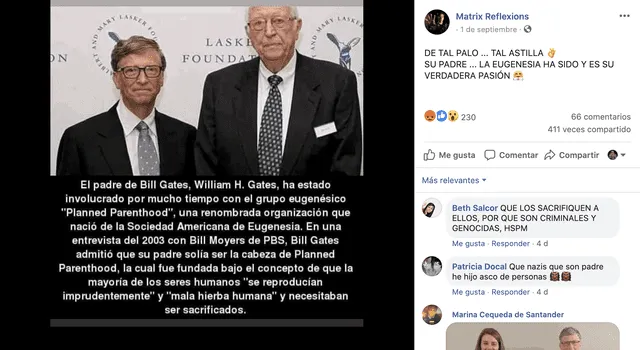 Publicación de Facebook vincula al padre de Bill Gates con la eugenesia. Foto: Captura.