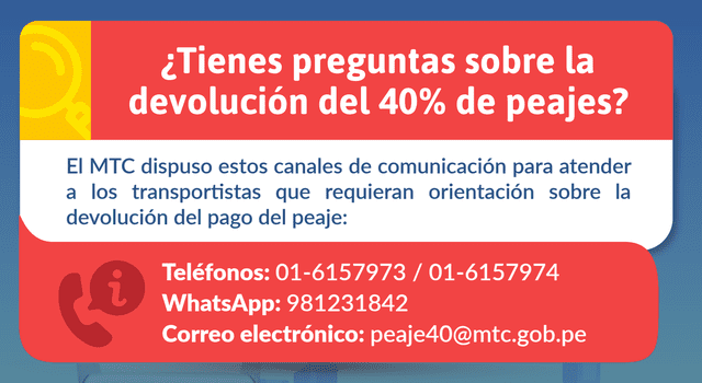 El MTC puso a disposición canales de atención para resolver dudas sobre la devolución de peajes. Foto: Ministerio de Transportes y Comunicaciones El MTC puso a disposición canales de atención para resolver dudas sobre la devolución de peajes. Foto: Ministerio de Transportes y Comunicaciones
