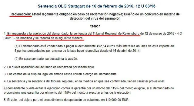 Fallo del Tribunal Regional de Superior de Stuttgart en el que absuelve a Lanka de pagar los 100.000 euros de su apuesta. FOTO: Captura de pantalla de lrbw.juris.de